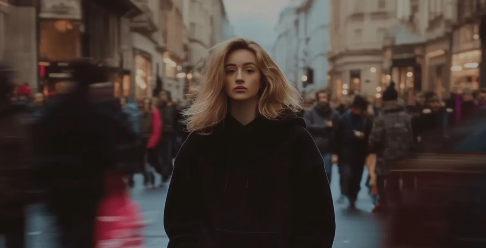 Kling 3.0 cinematic scene - woman standing in a busy European city street at dusk