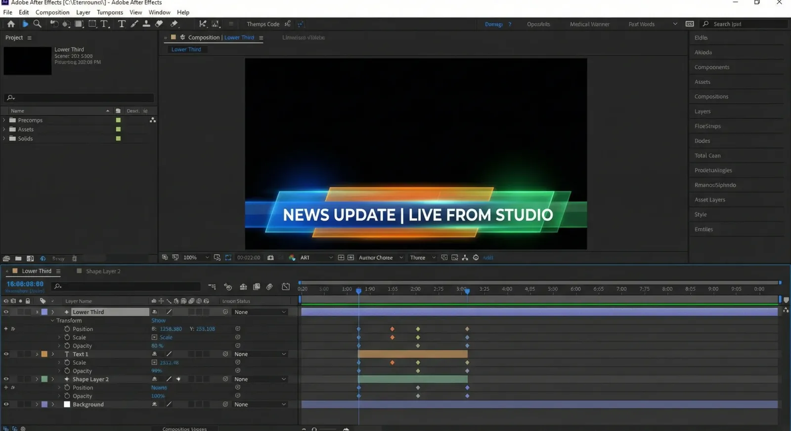 After Effects timeline with layers, keyframes, and pre-compositions